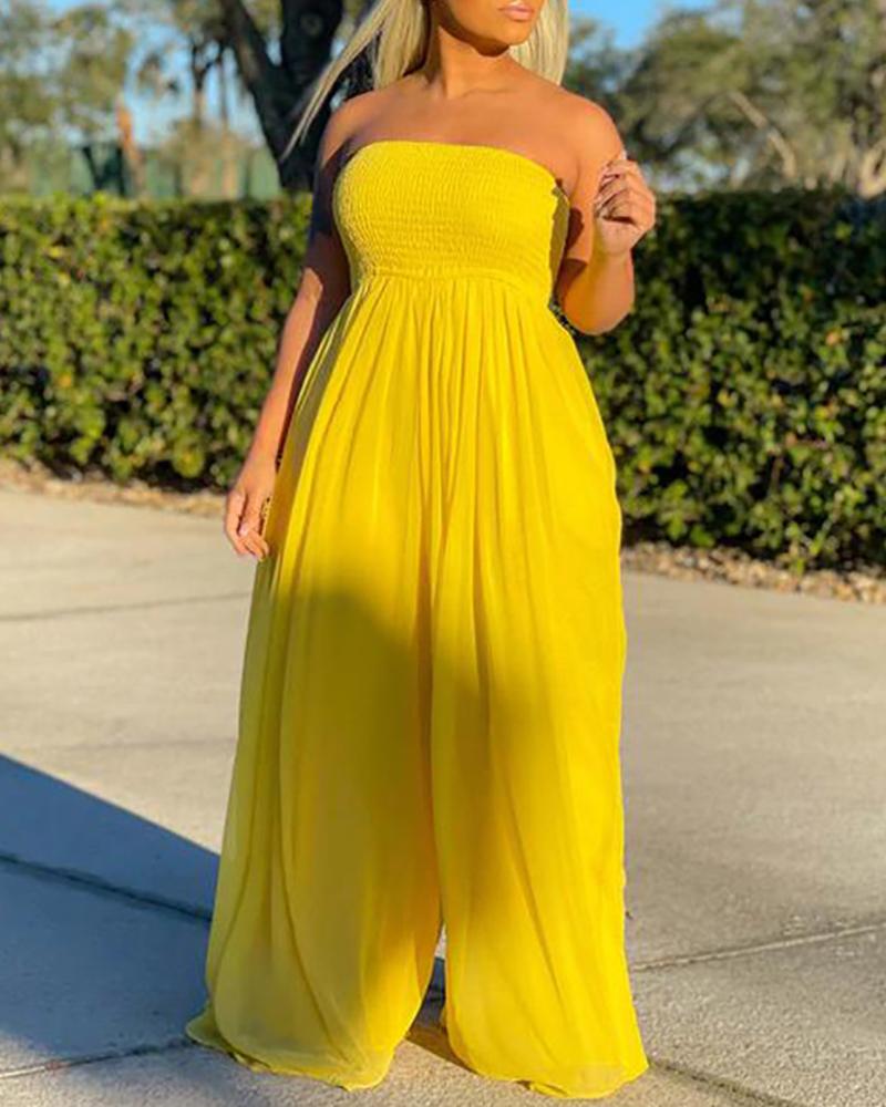 

Off Shoulder Shirred Plain Wide Leg Jumpsuit, Yellow