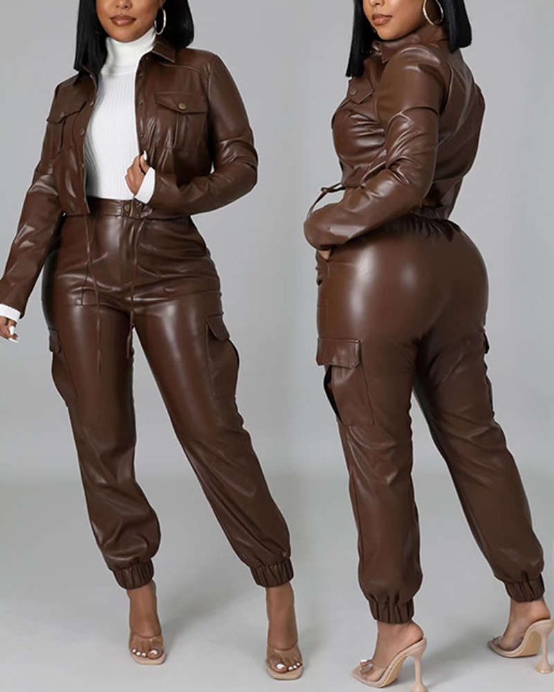 

PU Leather Long Sleeve Jacket & Cuffed Pants Set, Brown