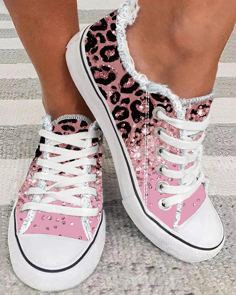 

Pink Contrast Leopard Print Raw Hem Canvas Sneakers