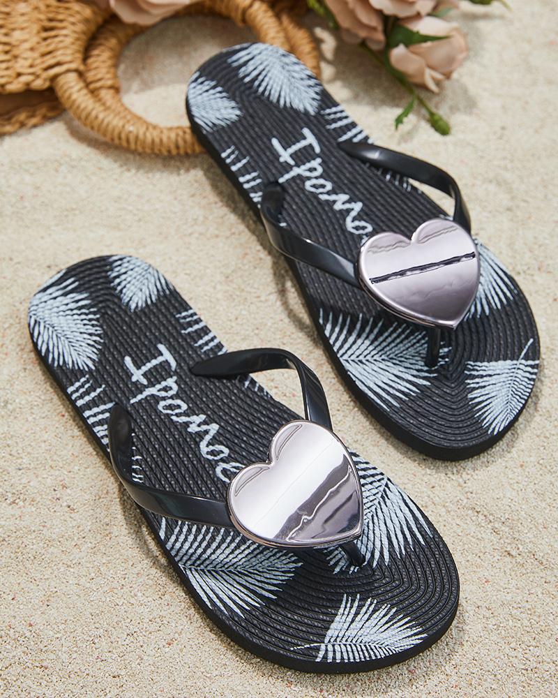 

Leaf Letter Print Heart Decor Flip Flops, Black