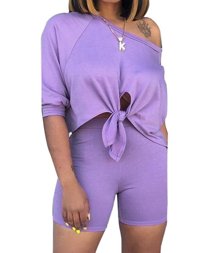 

Tied Detail Top & High Waist Shorts Set, Purple
