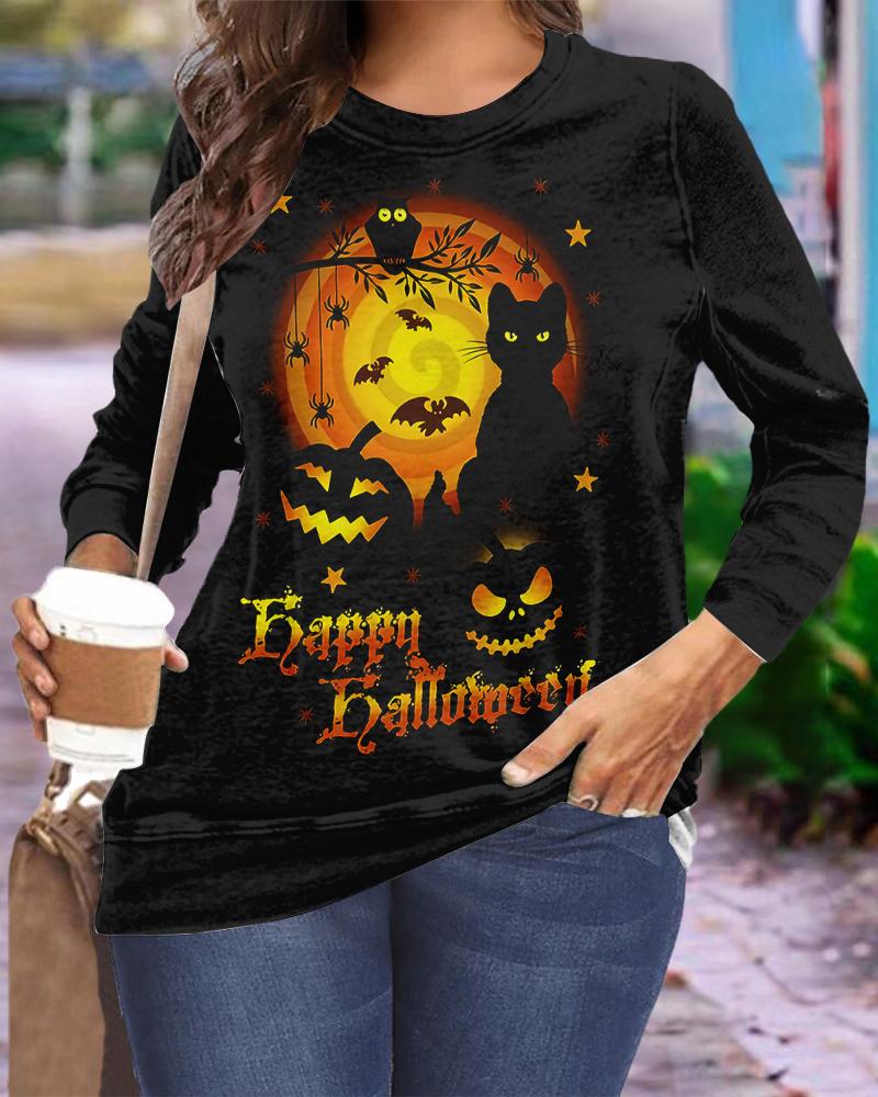 

Plus Size Halloween Pumpkin Cat Print Long Sleeve Top, Black