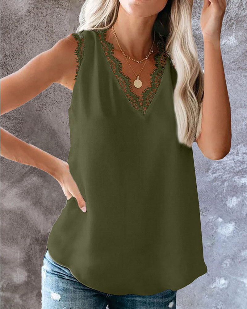 

Contrast Lace V-Neck Tank Top, Green
