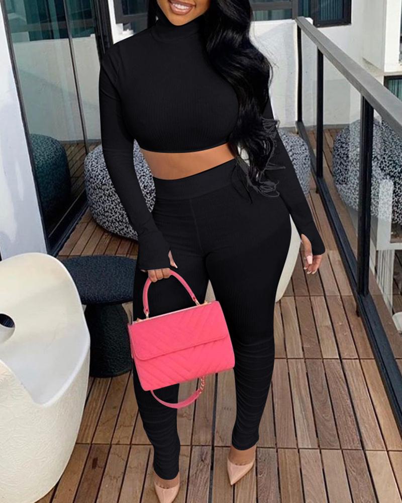 

Plain Ribbed Long Sleeve Crop Top & Ruched Pants Set, Black