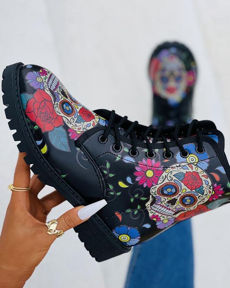 

Halloween Floral Graphic Print Lace-up Martin Boots, Black
