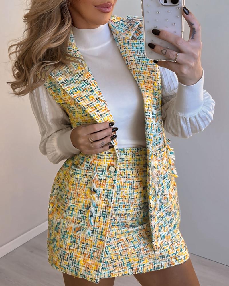 

Conjunto de 2 piezas de chaleco sin mangas de tweed con cuello entallado y elegante falda ajustada de cintura alta., Yellow