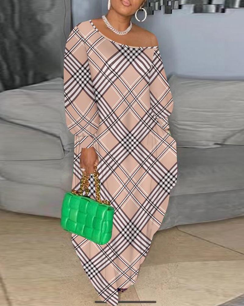 

Plus Size Plaid Print Lantern Sleeve Maxi Dress, Khaki