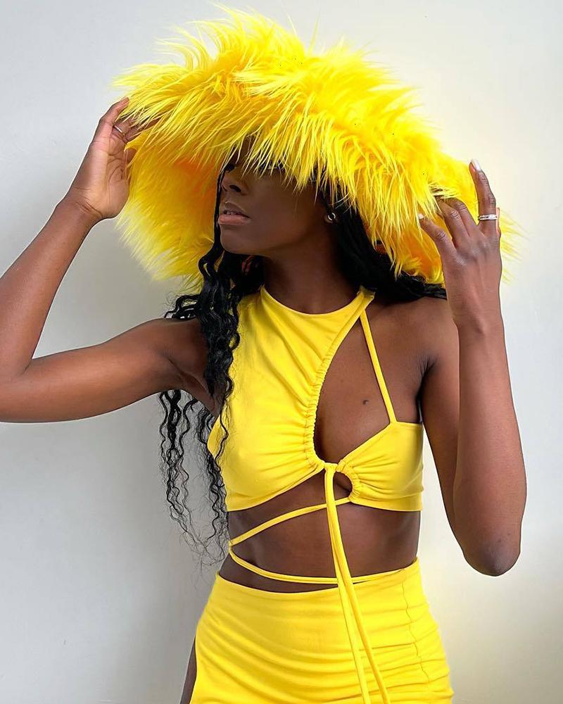 

Fluffy Faux Fur Ear Protection Winter Thermal Bucket Hat, Yellow