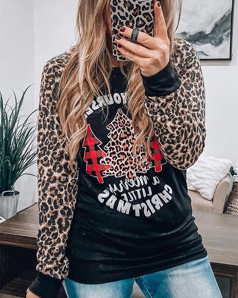 

Christmas Leopard Print Long Sleeve Casual Sweatshirt, Black