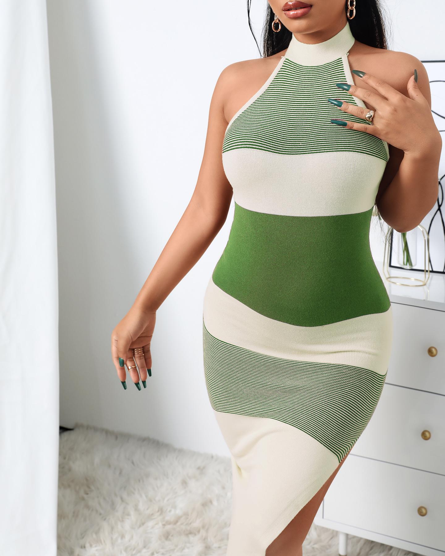 

Knit Colorblock Halter Backless Skinny Dress, Green