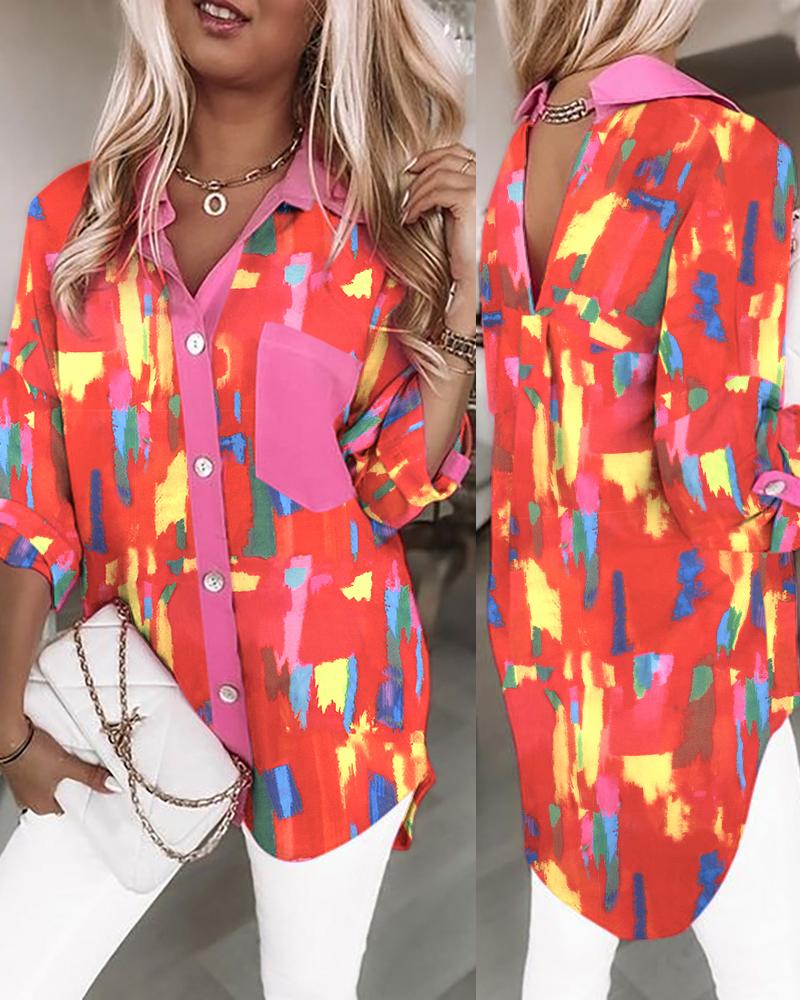 

All Over Print Chain Link V-Back Buttoned Casual Shirt, Multicolor
