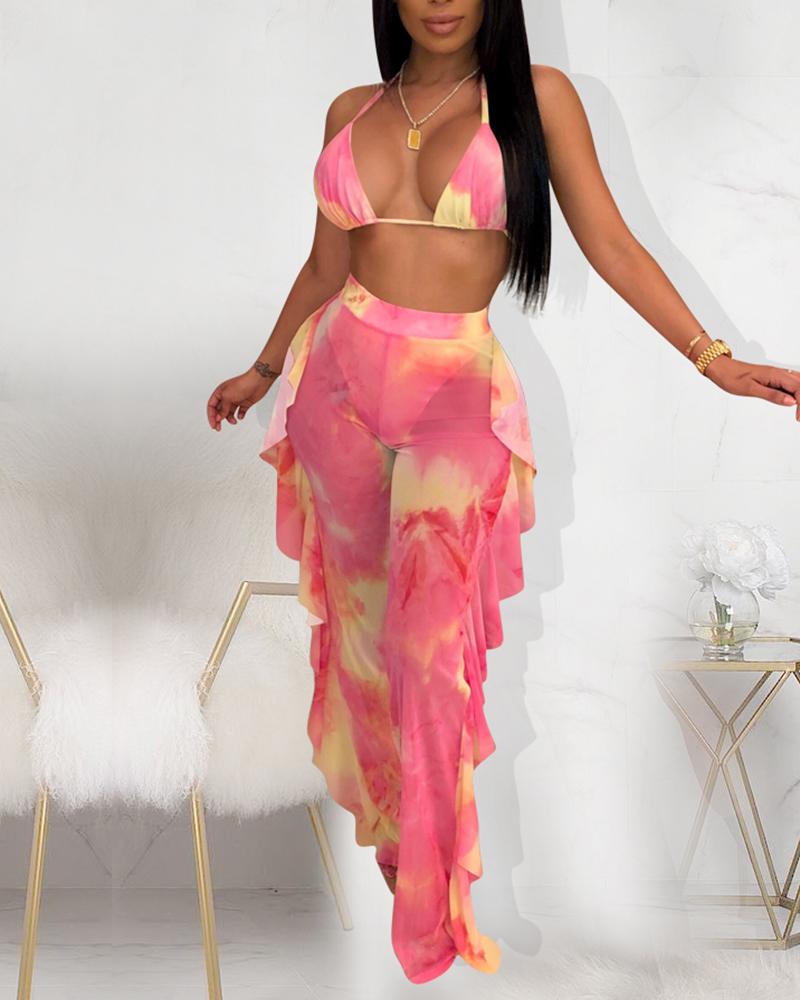 

Halter Backless Tie Dye Print Bikini Set With Cover Up Pants, Pink