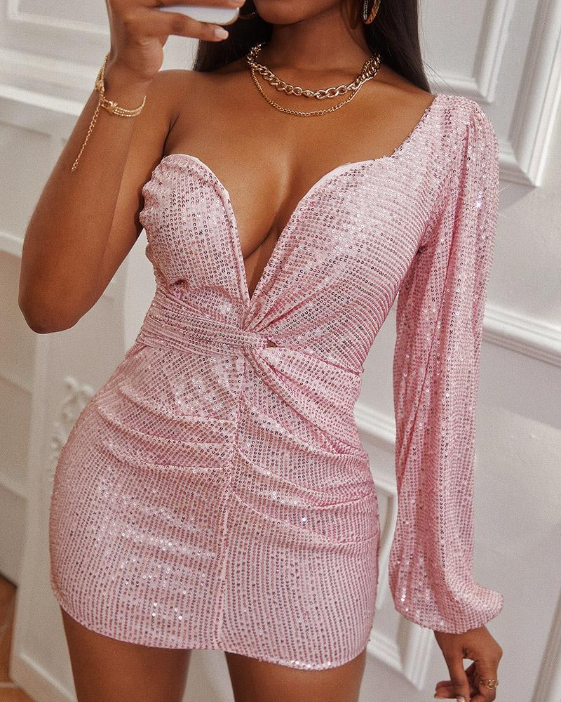 

One Shoulder Lantern Sleeve Twist Front Sequin Dress, Pink