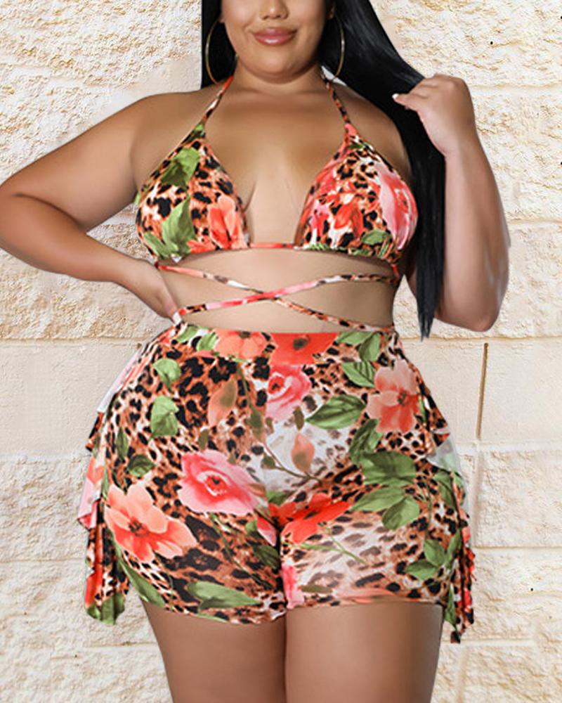 

Plus Size Leopard Floral Print Ruffle Hem Bikini Set, Orange