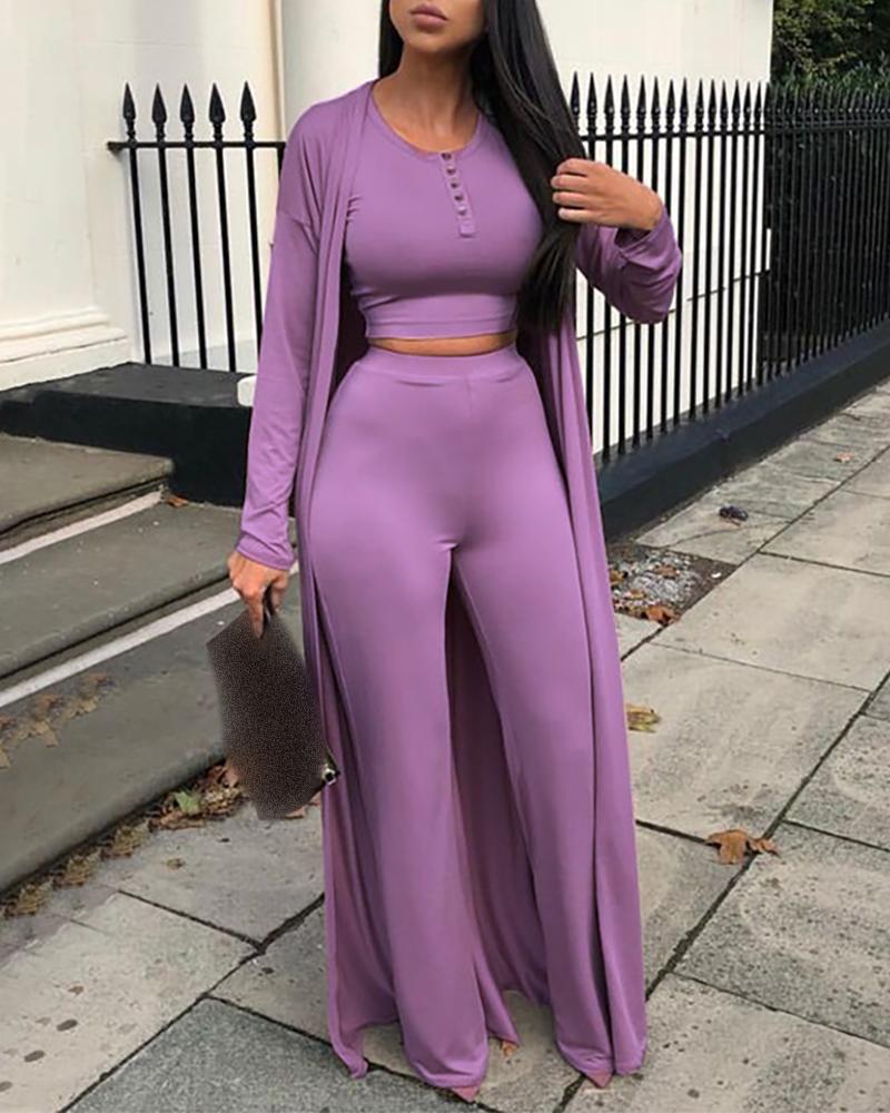 

Buttoned Crop Top & Pants & Cardigan Sets, Purple