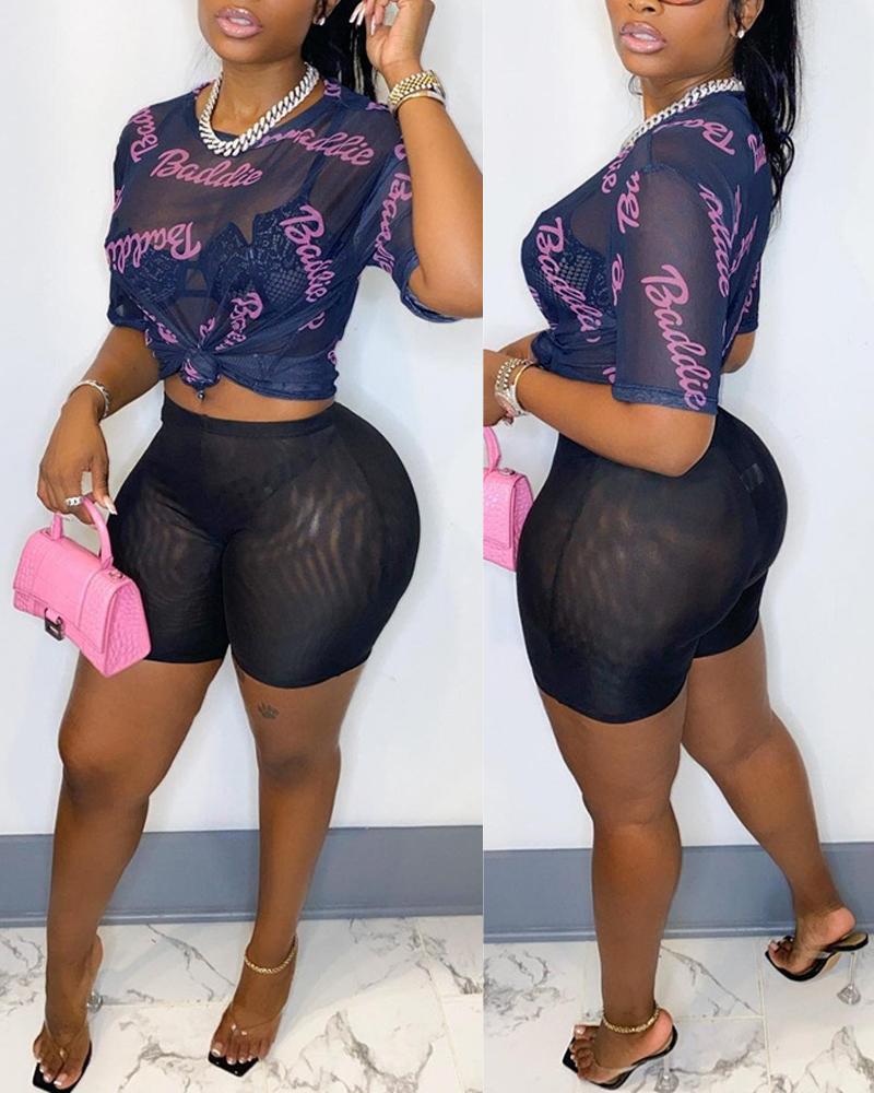 

Letter Print Sheer Mesh Top & Shorts Set, Black