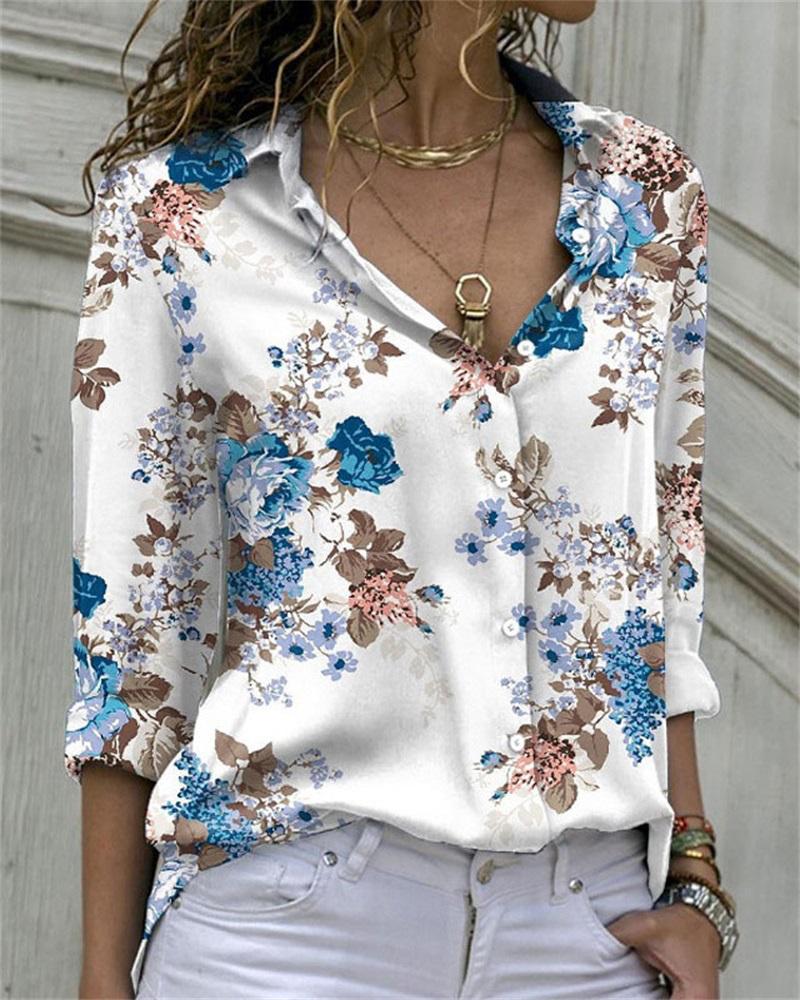 

Floral Print Long Sleeve Button Down Shirt, Blue