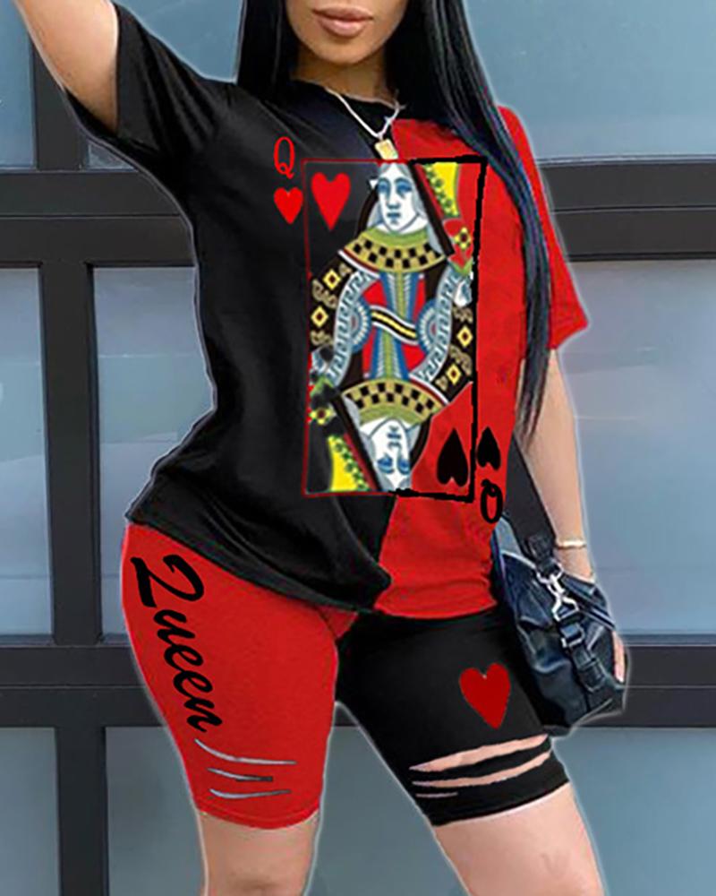 

Poker Print Colorblock Top & Shorts Set, Red
