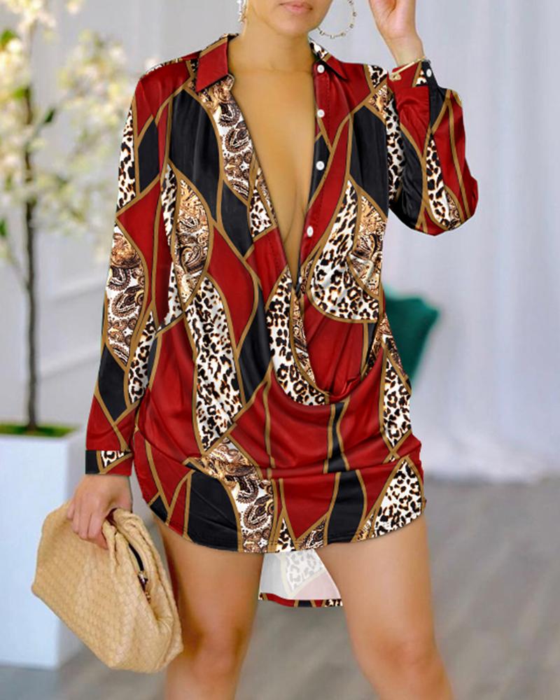 

Baroque Leopard Print Ruched Shirt Dress, Red