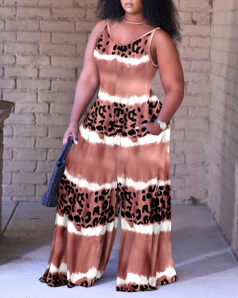 

Plus Size Tie Dye Leopard Print Wide Leg Jumpsuit, Brown