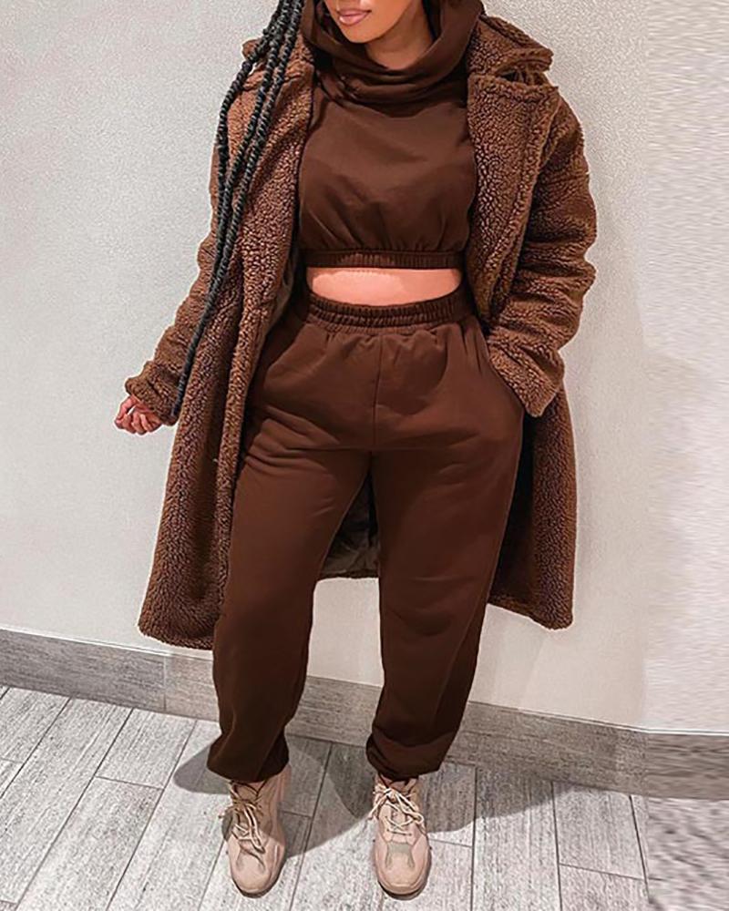 

Long Sleeve Casual Hooded Top & High Waist Pants Set, Brown