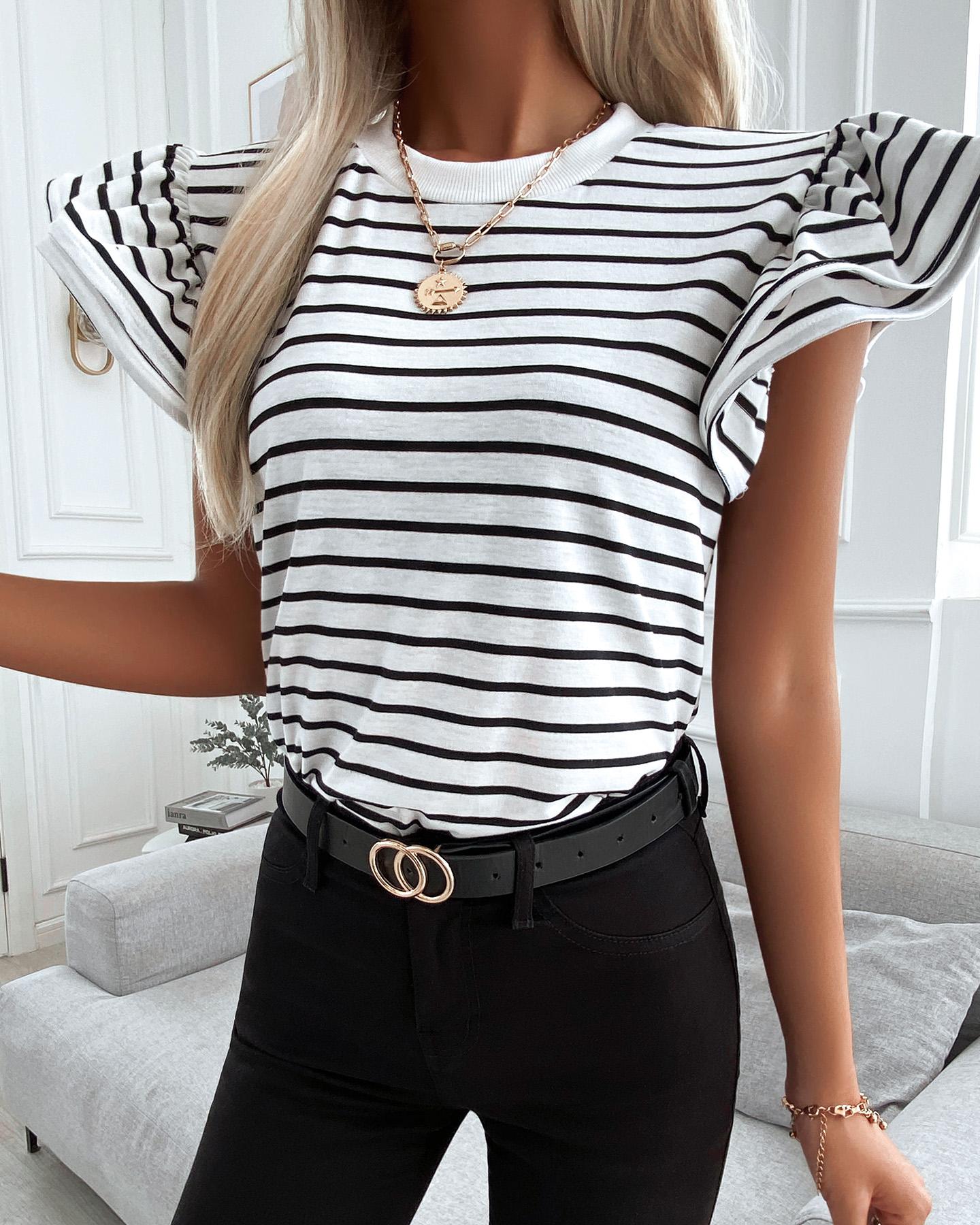 

Flutter Sleeve Striped Colorblock Casual Top, Black