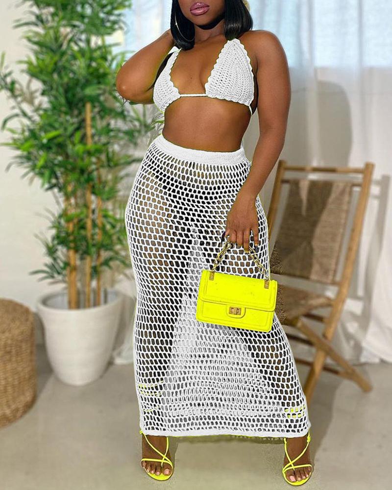

Halter Backless Hollow-out Crochet Cover Up Set, White
