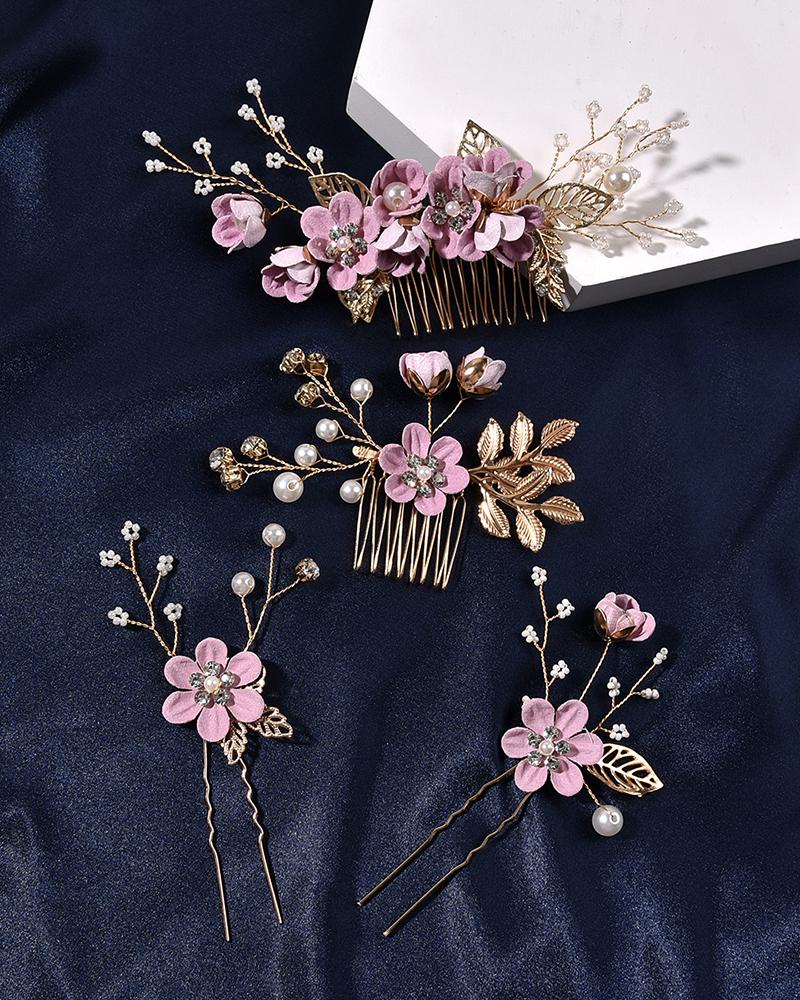 

4pcs Wedding Bridal Hair Comb Clips Leaf Pearl Hairpins Crystal Floral Jewelry Headpieces Set, Purple