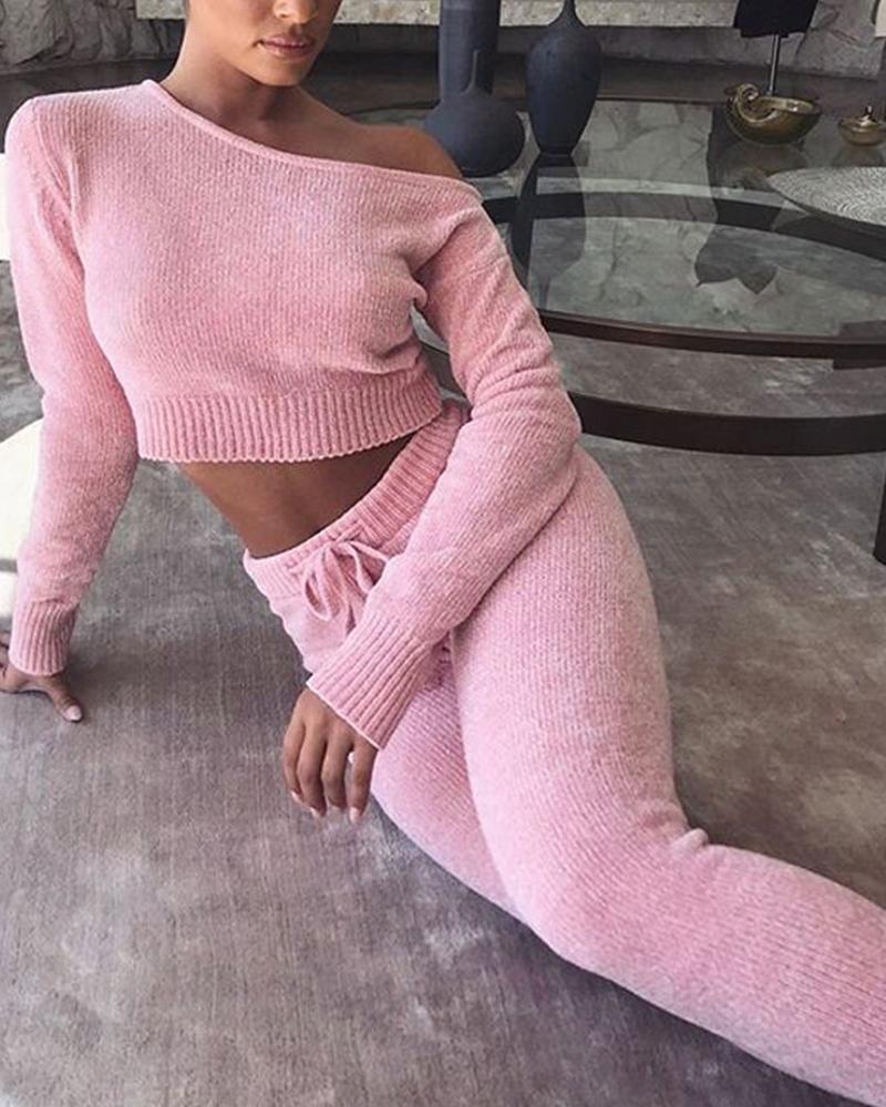 

Solid Long Sleeve Skinny Knitted Sweaters Sets, Pink