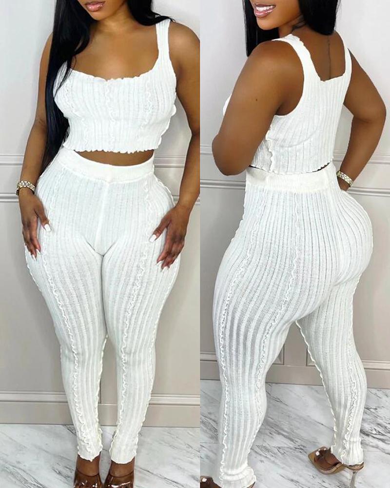 

Ribbed Tank Top & High Waist Pants Set, White