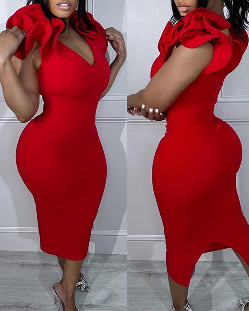 

Floral Pattern V-Neck Slit Party Dress, Red