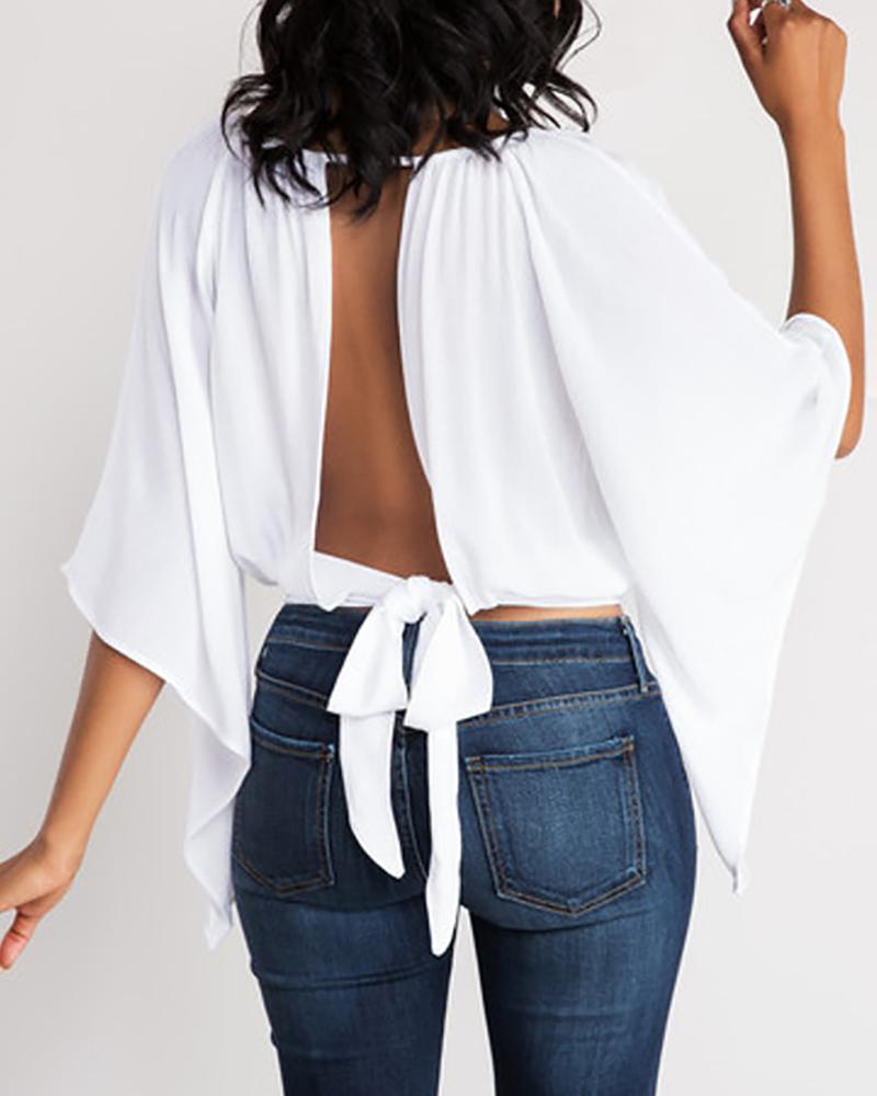 

Knotted Backless Batwing Sleeve Top, White