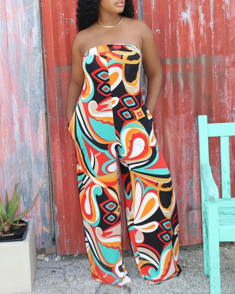 

Graphic Print Bandeau Pocket Design Wide Leg Jumpsuit, Orange