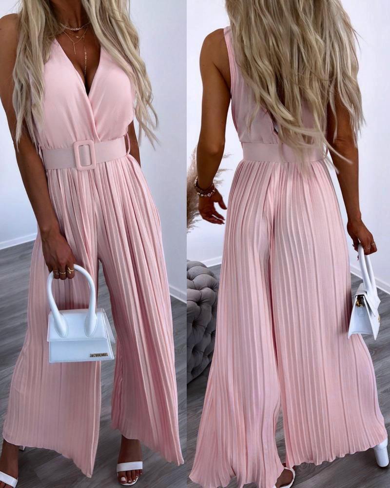 

V-Neck Wide Leg Pleated Jumpsuit, Pink