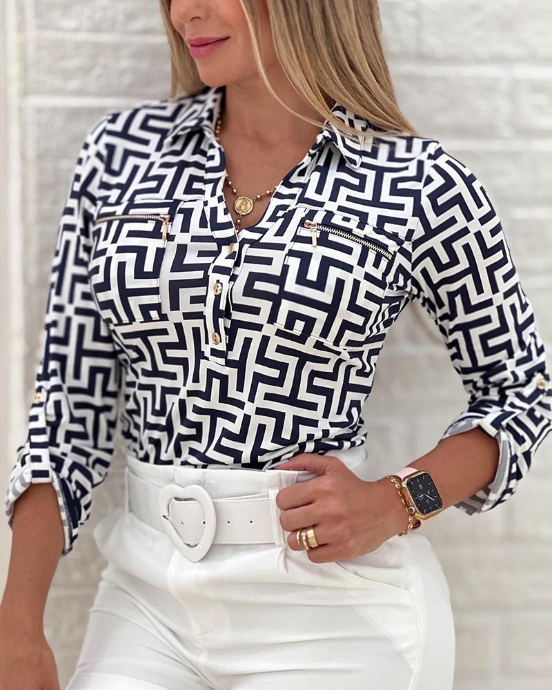 

Geo Print Long Sleeve Buttoned Shirt, Black