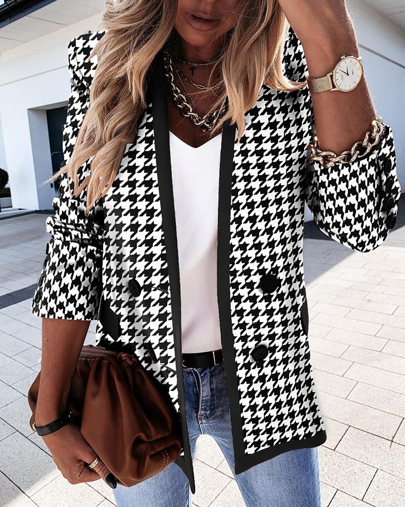 

Houndstooth Long Sleeve Double Breasted Blazer Coat, Black&white