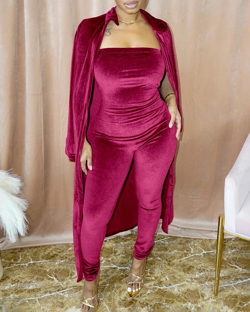 

Velvet Long Sleeve Coat & Bandeau Jumpsuit Set, Hot pink