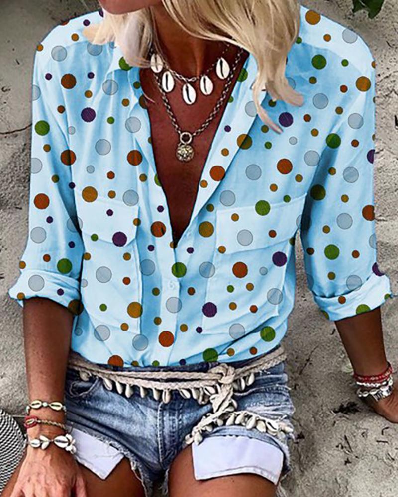 

Double Pockets Dot Print Shirt, Blue