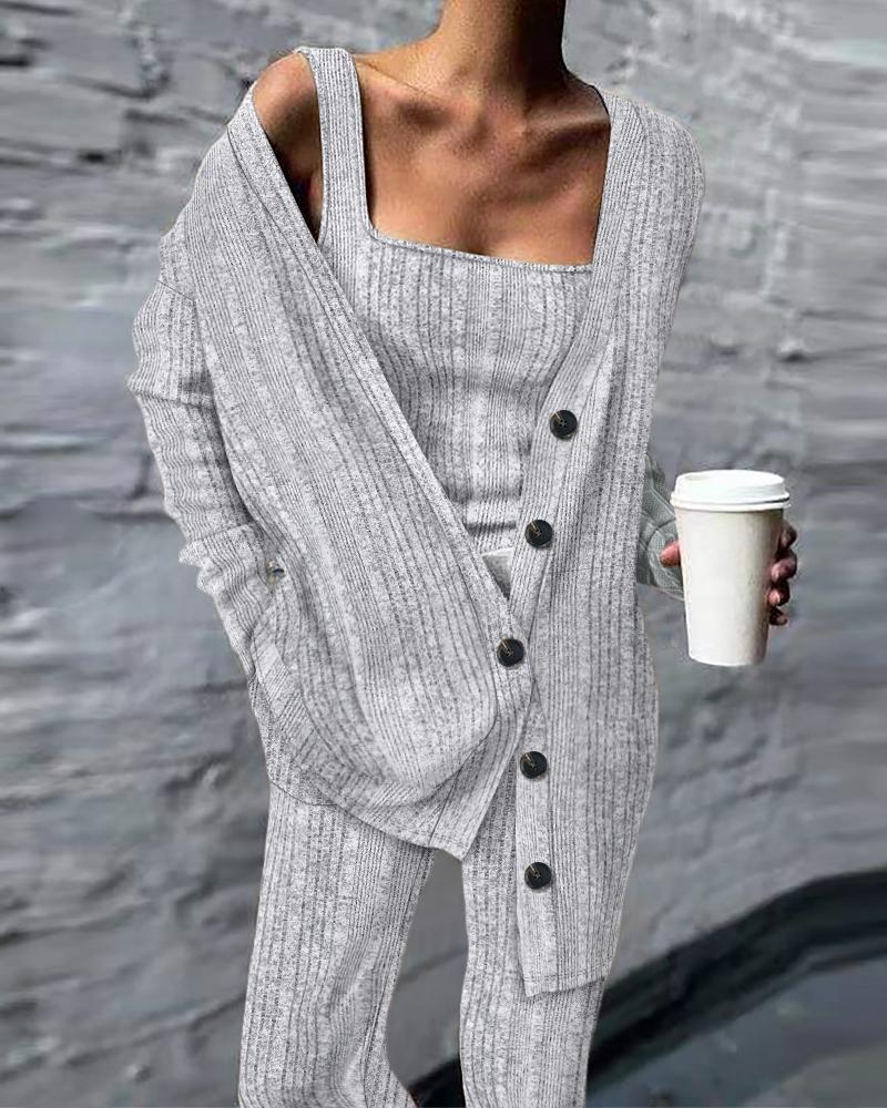 

Ribbed Tank Top & Pants Set With Buttoned Cardigan, Gray