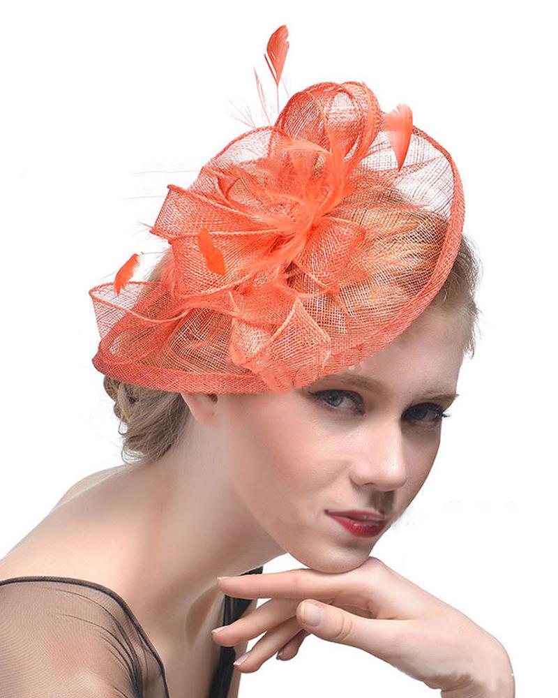 

1pc Feather Fascinator Hat Mesh Hair Clip Hairpin Bridal Wedding Cocktail Tea Party Headwear, Orange