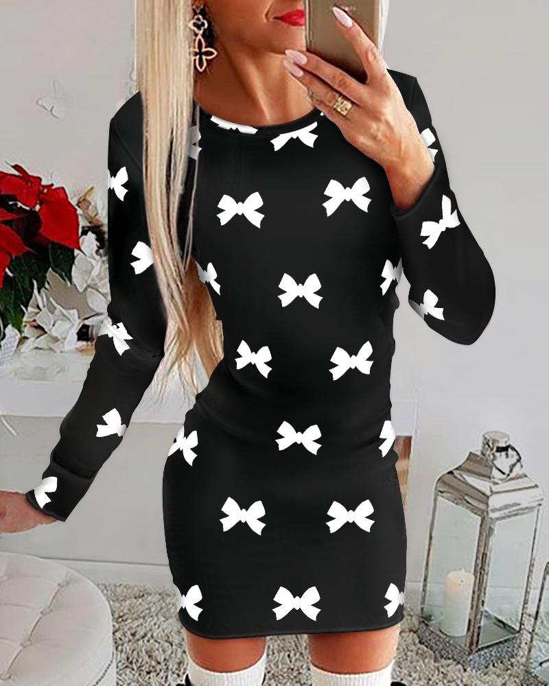 

Bowknot Print Long Sleeve Bodycon Dress, Black
