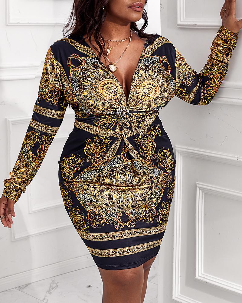 Plus Size Retro Print Twist Front Long Sleeve Dress