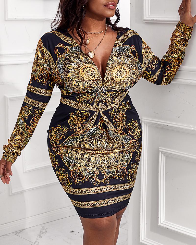 

Plus Size Retro Print Twist Front Long Sleeve Dress, Yellow