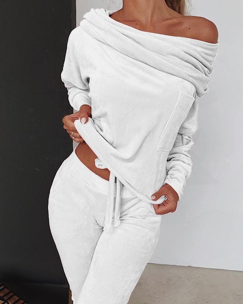 

Off Shoulder Ruched Women Top & Pant Sets, White
