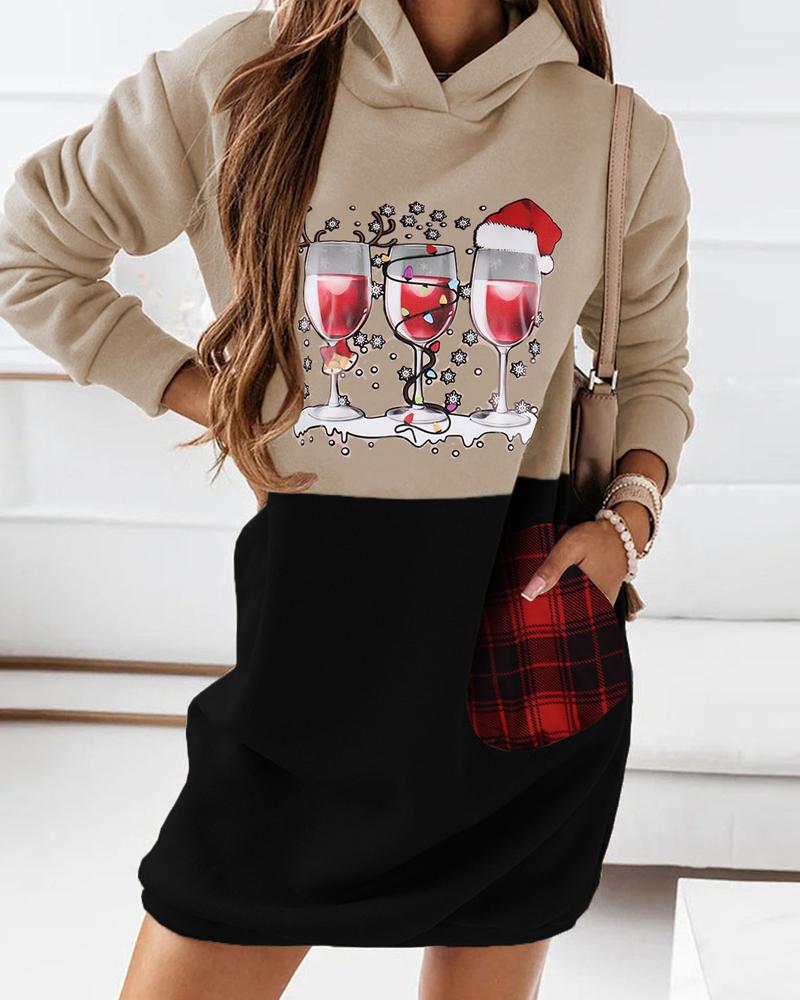 

Christmas Wine Glass Print Colorblock Sweatshirt Dress, Khaki