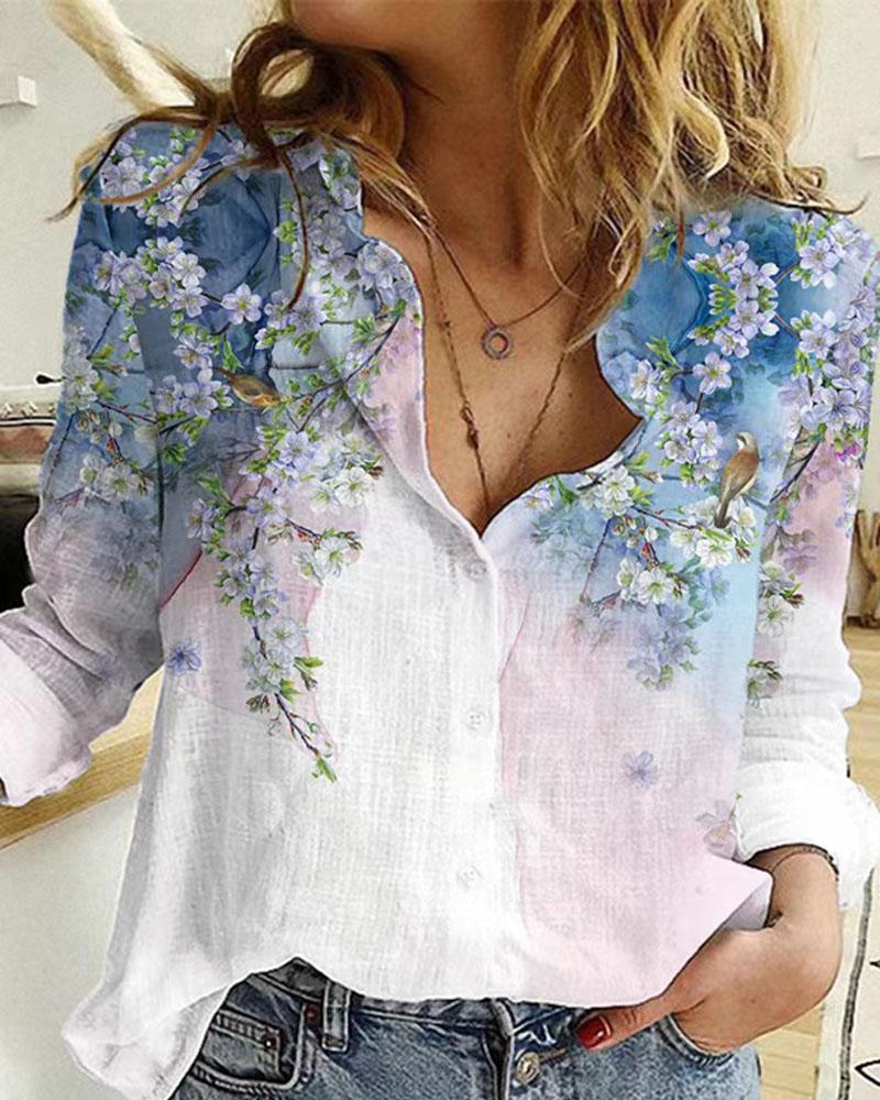 

Floral Bird Print Long Sleeve Button Down Shirt, White