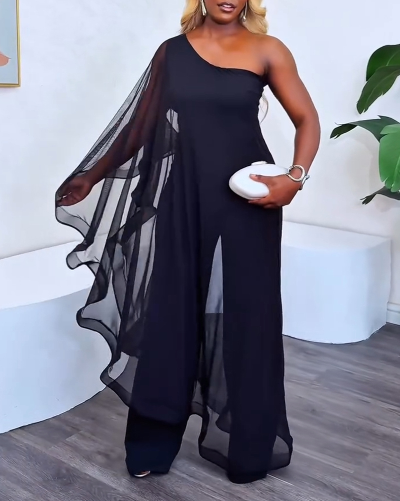 

Macacão casual slim fit de chiffon com manga morcego e um ombro só, Black