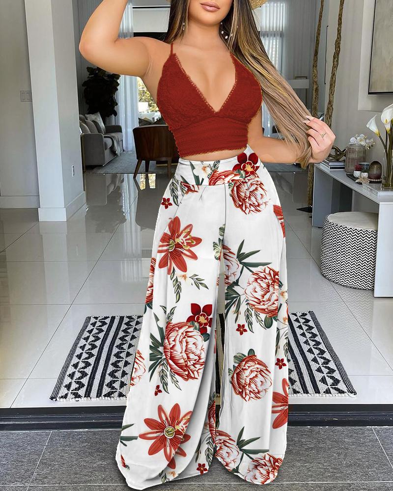 

Crochet Lace Halter Crop Top & Floral Print Wide Leg Pants Set, Red