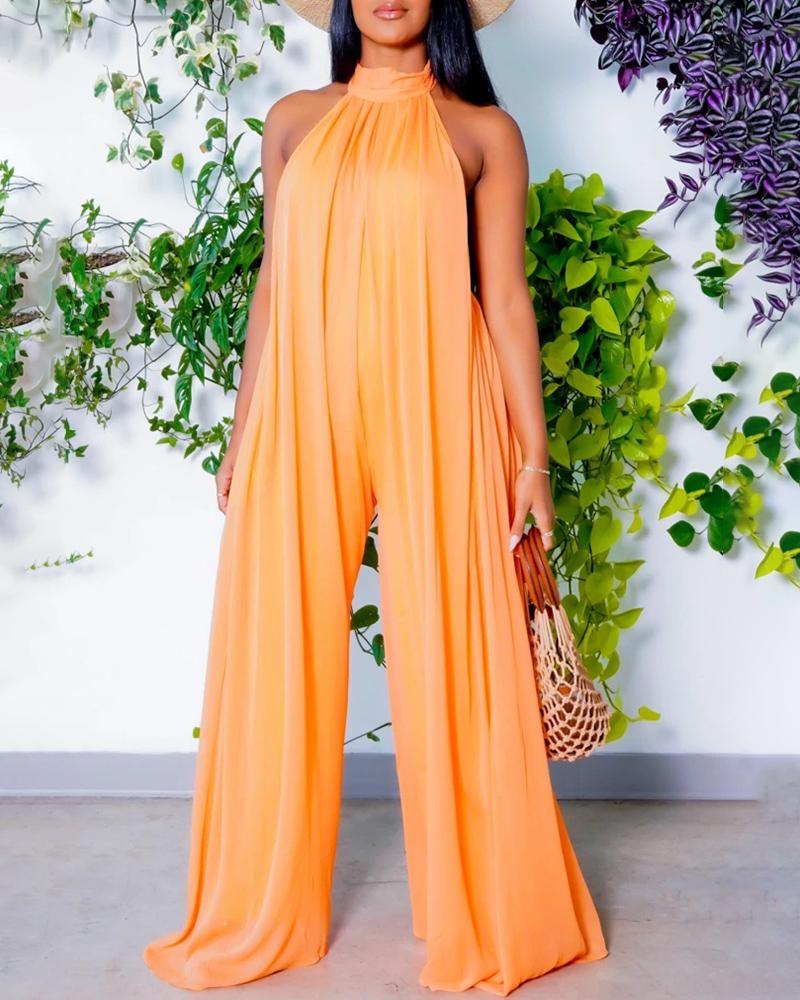 

Halter Backless Wide Leg Ruched Jumpsuit, Orange