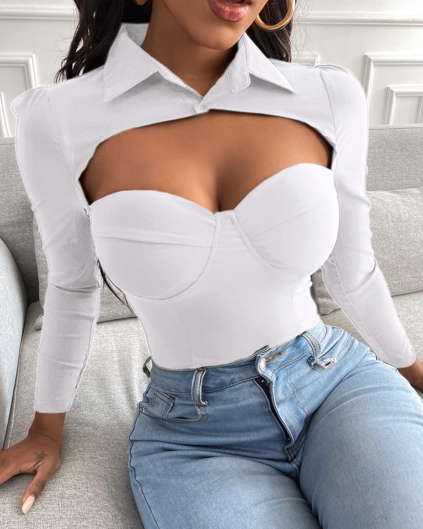 

Cutout Front Corset Long Sleeve Shirt, White